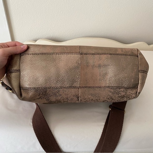 Fossil Explorer Leather Metallic Gold Brown Crossbody Large Satchel Tote Bag - Picture 6 of 8